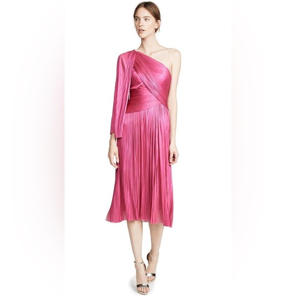 Maria Lucia Hohan Aquila pink pleated silk one shoulder long sleeve midi dress - Picture 2 of 16